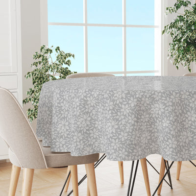 Linen Leaf Grau – Runde, leicht geprägte Runde Wachstuch Tischdecke mit Blattmuster