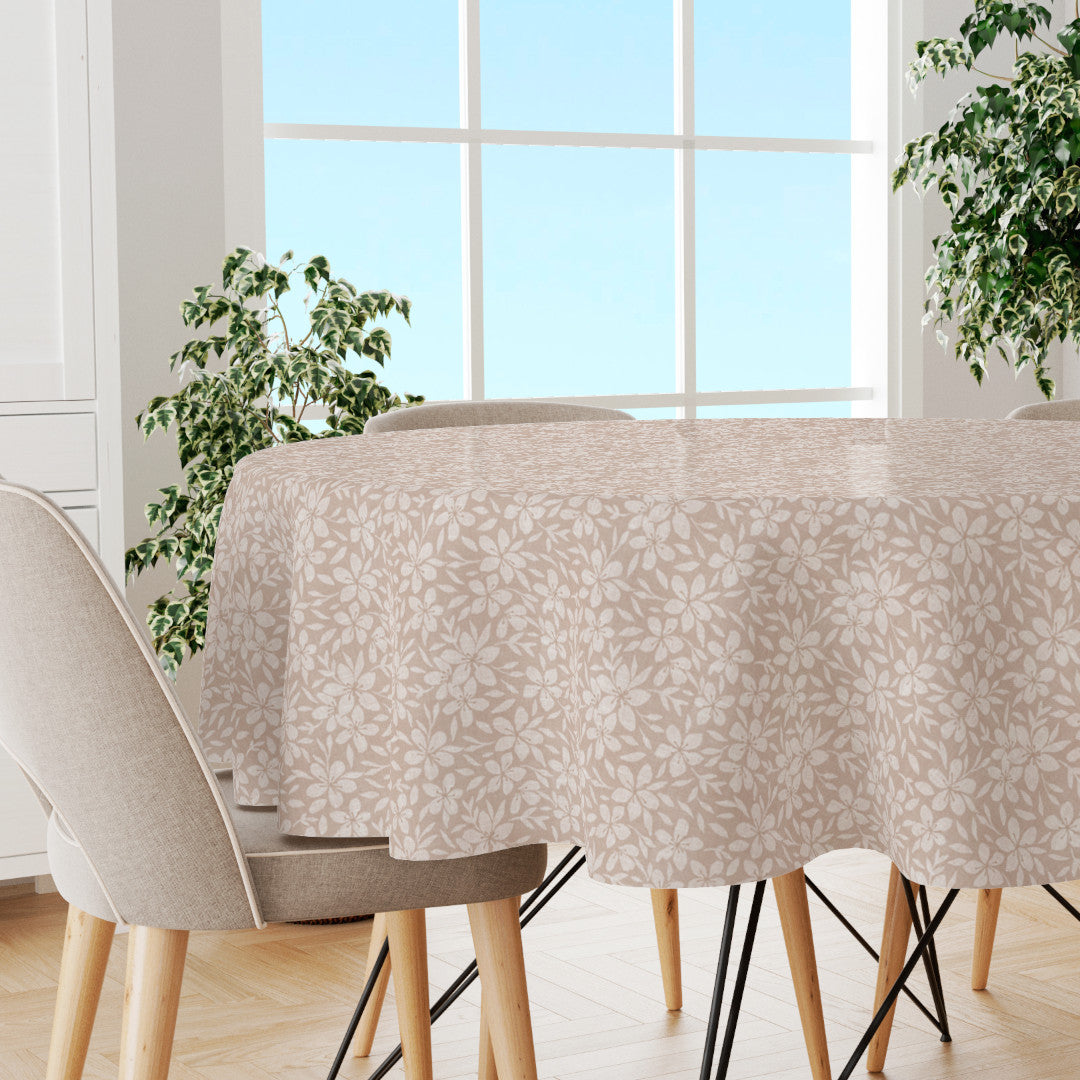 Linen Leaf Natur – leicht geprägte Runde Wachstuch Tischdecke mit Blattmuster, Ambiente