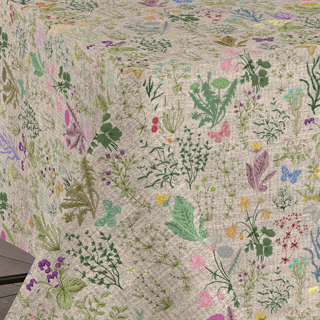 Lino Meadow – Abwaschbare Tischdecke mit Blumen und Naturmotiv in eleganter Leinenoptik, Ecke