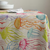 Lino Medusa – abwaschbare Tischdecke mit farbenfrohen Quallen in Leinenoptik, Ecke