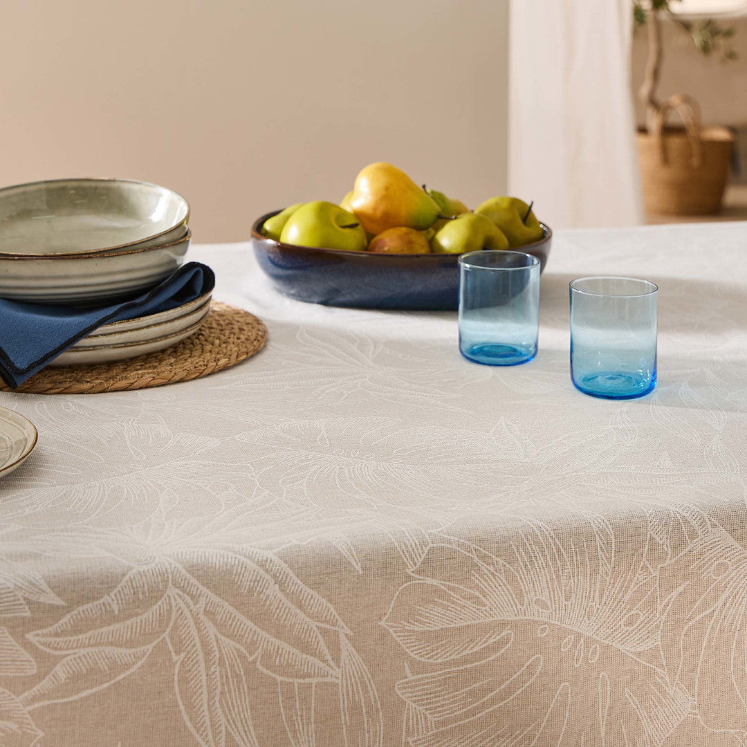 Lorenza – Stofftischdecke in Leinenoptik mit großem Blattmuster – 140 x 240 cm, Nahaufnahme