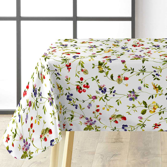 Lydia Sommerbær - Wachstuch Tischdecke mit wilden Beeren und Blumen in fröhlichen Farben, Ecke