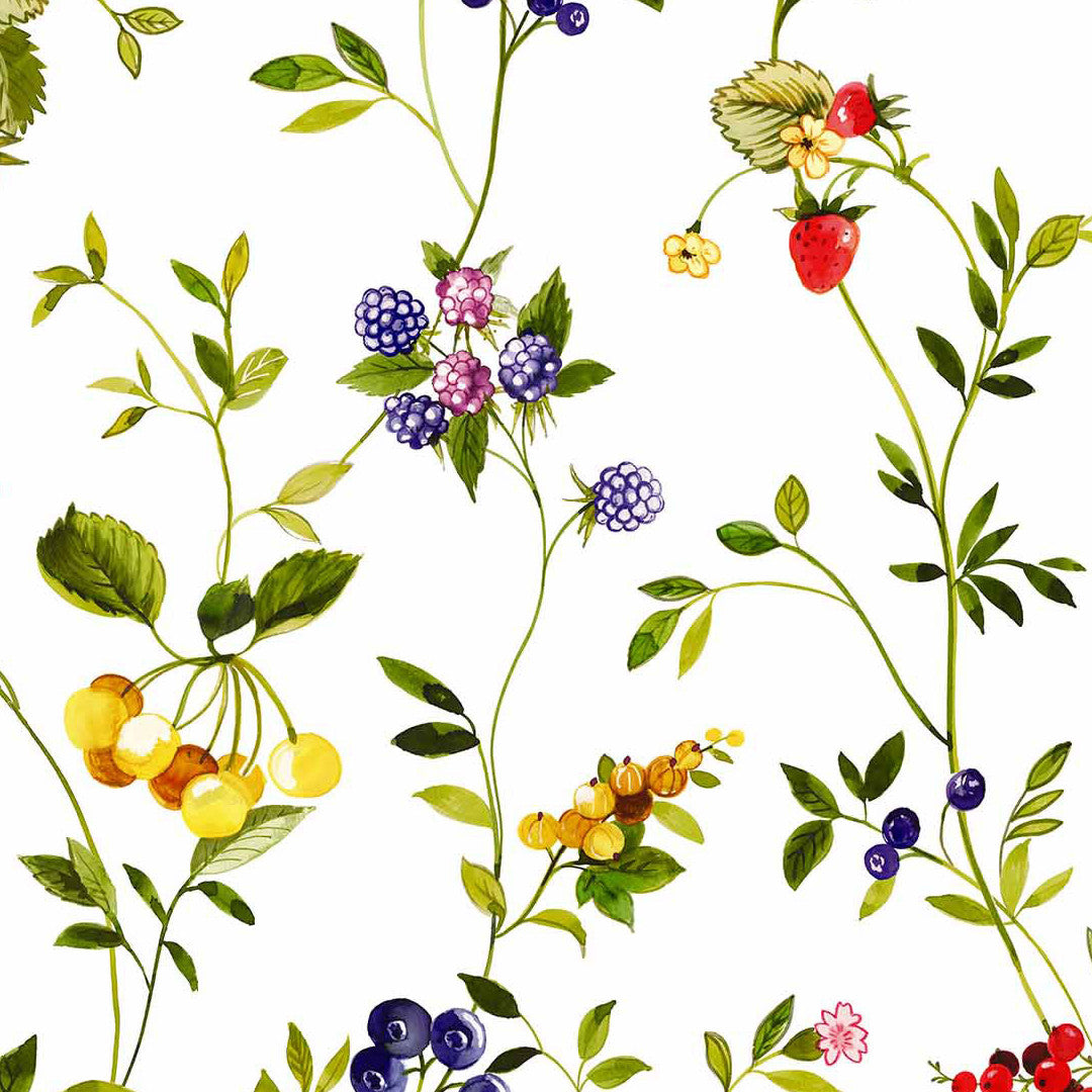 Lydia Sommerbær - Wachstuch Tischdecke mit wilden Beeren und Blumen in fröhlichen Farben
