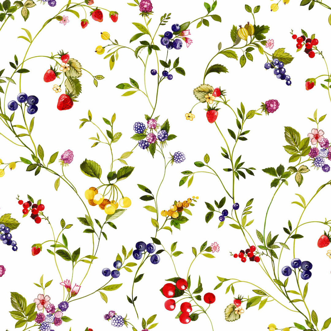 Lydia Sommerbær - Wachstuch Tischdecke mit wilden Beeren und Blumen in fröhlichen Farben, Muster