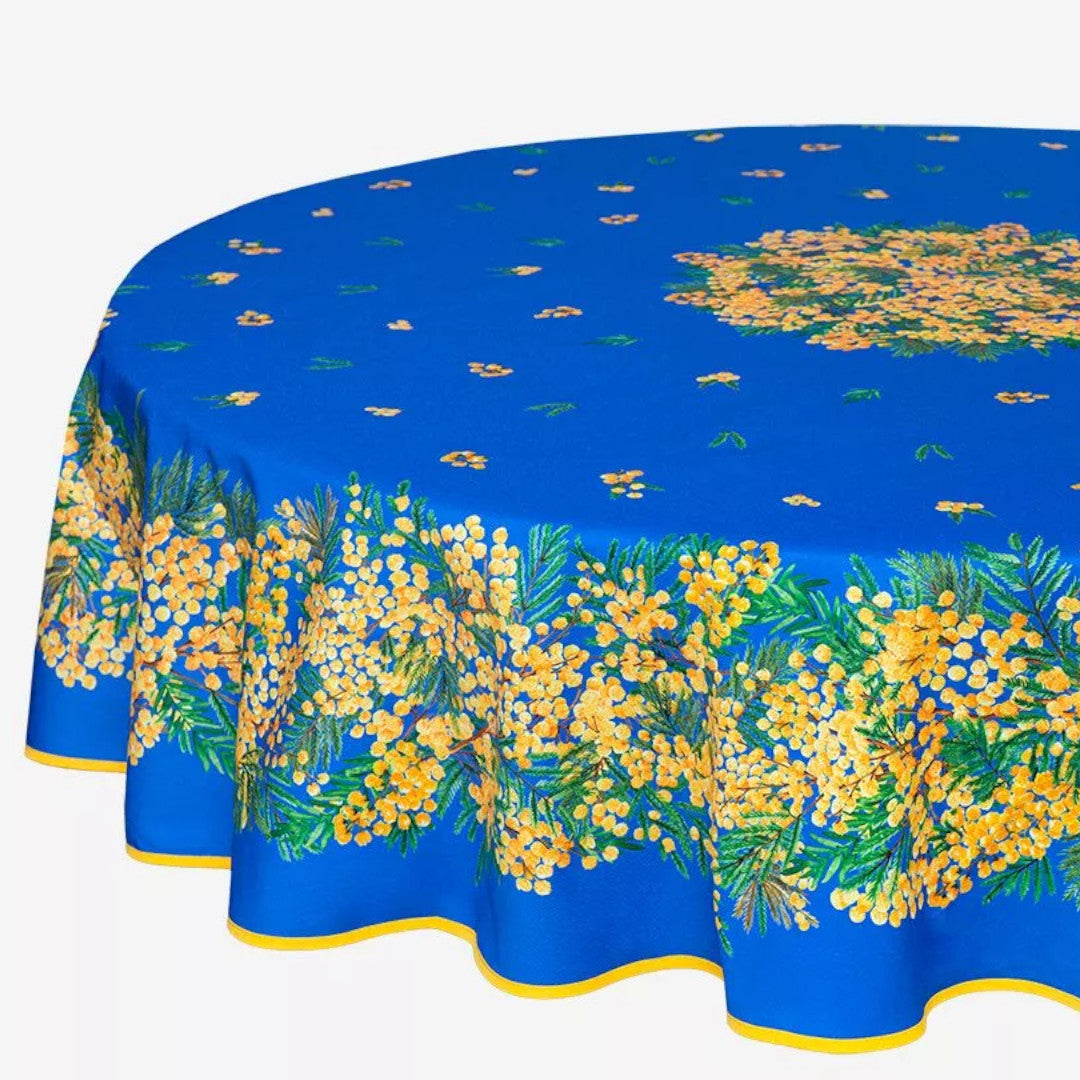 Mimosa Blau – Runde acrylbeschichtete Provence-Tischdecke Ø 180 cm, Nahaufnahme