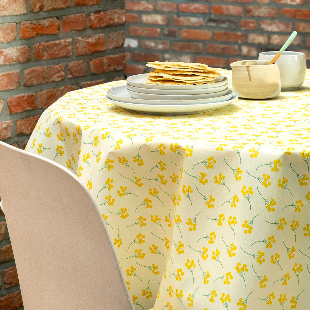 Mimosi Vanilla – Captain Cook Wachstuch Tischdecke mit kleinen grafischen Blumen, Ecke