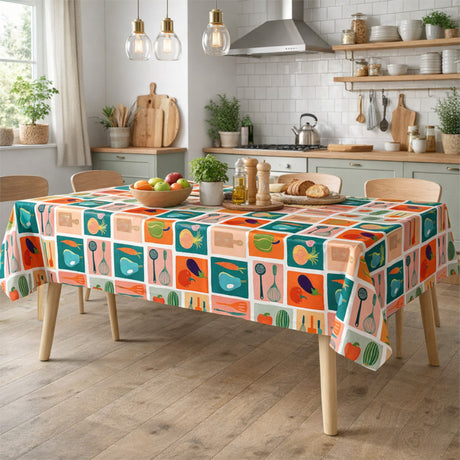 Minestrone Multico – Farbenfrohe Wachstuch Tischdecke mit Küchenmotiven, Ambiente