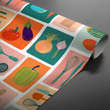 Minestrone Multico – Farbenfrohe Wachstuch Tischdecke mit Küchenmotiven, aufgerollt