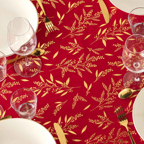 Naelle Rot/Gold - Weihnachtstischdecke mit goldenen Blättern, 140 x 240 cm, Nahaufnahme