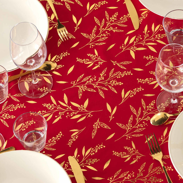 Naelle Rot/Gold - Weihnachtstischdecke mit goldenen Blättern, 140 x 240 cm, Nahaufnahme