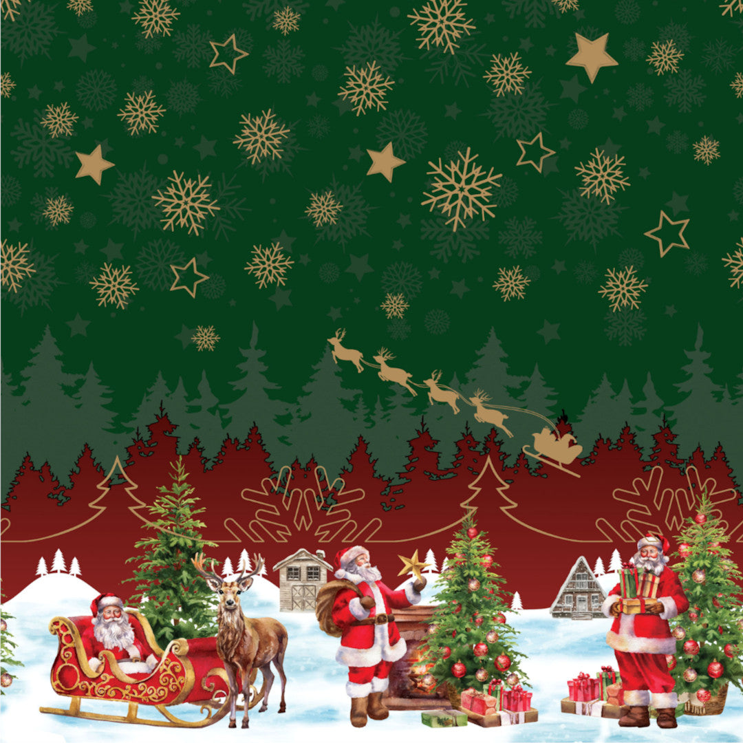 Nisseby – Grüne Wachstuch Tischdecke für Weihnachten mit Weihnachtsmann und verschneiter Landschaft, Muster