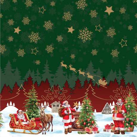 Nisseby – Grüne Wachstuch Tischdecke für Weihnachten mit Weihnachtsmann und verschneiter Landschaft, Muster