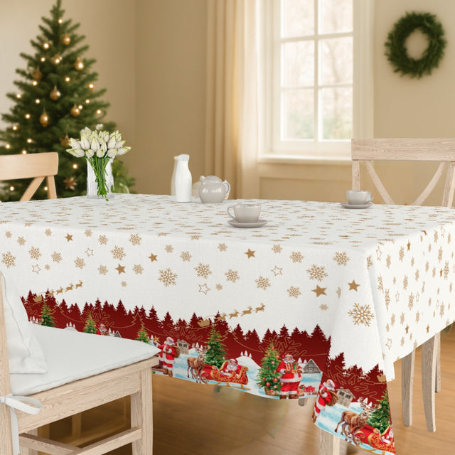 Nisseby – Weiße Wachstuch Tischdecke für Weihnachten mit Weihnachtsmann und verschneiter Landschaft