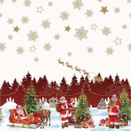 Nisseby – Weiße Wachstuch Tischdecke für Weihnachten mit Weihnachtsmann und verschneiter Landschaft, Muster