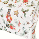 Nussknacker und Geschenke – abwaschbare Weihnachtstischdecke mit klassischen Motiven, Nahaufnahme