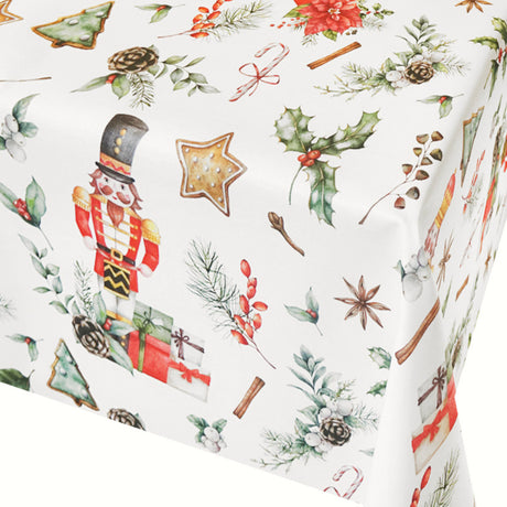 Nussknacker und Geschenke – abwaschbare Weihnachtstischdecke mit klassischen Motiven, Nahaufnahme
