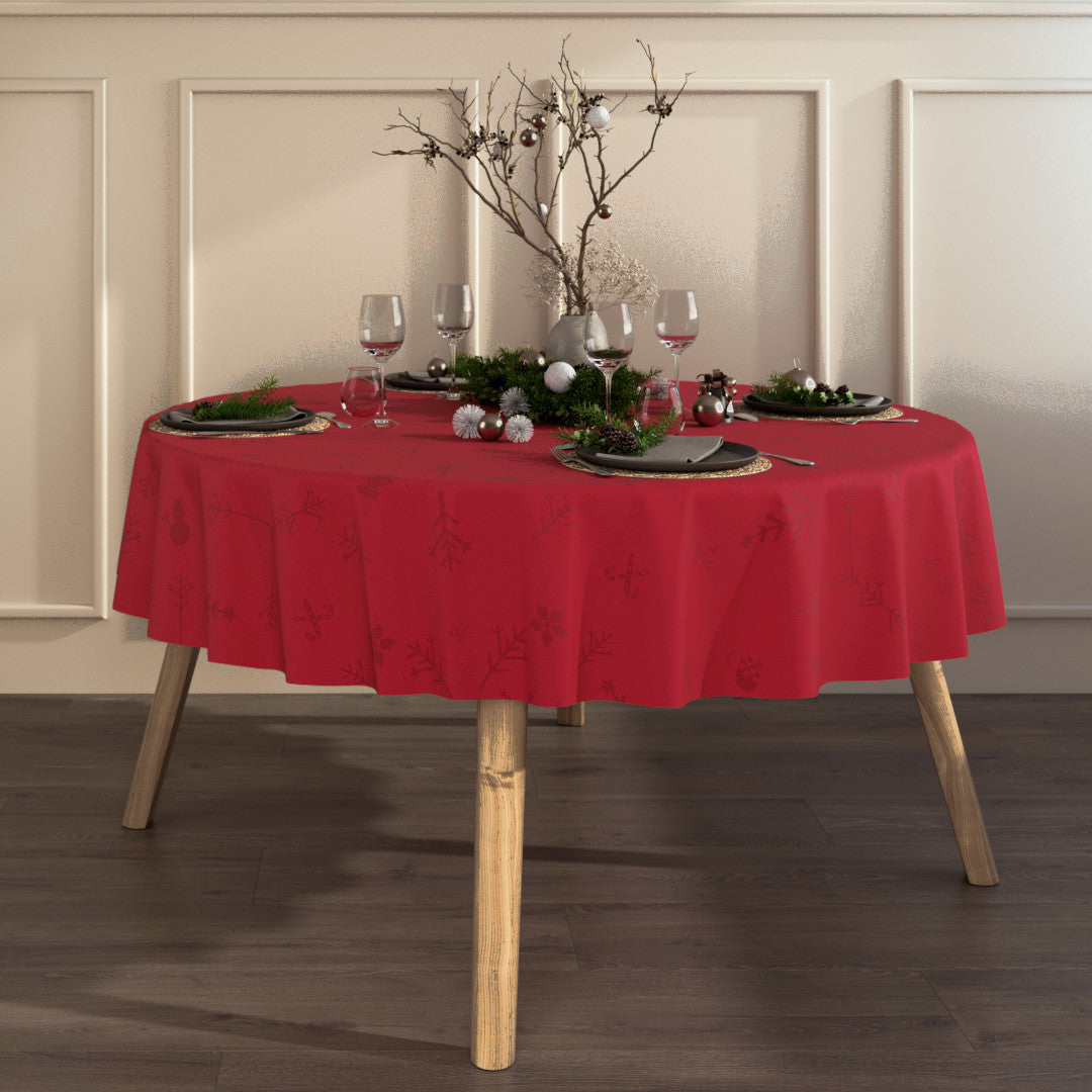 Engholm Noel damastgewebte runde Weihnachtstischdecke, rot - Ø 180 cm, Ambienteaufnahme