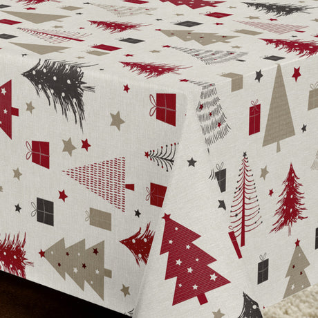 Nordfavn Arbres de Noël – Wachstuch Tischdecke für Weihnachten mit Weihnachtsbäumen und Geschenken