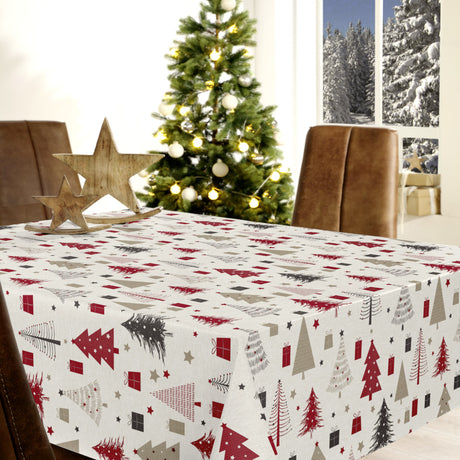 Nordfavn Arbres de Noël – Wachstuch Tischdecke für Weihnachten mit Weihnachtsbäumen und Geschenken, Ambiente