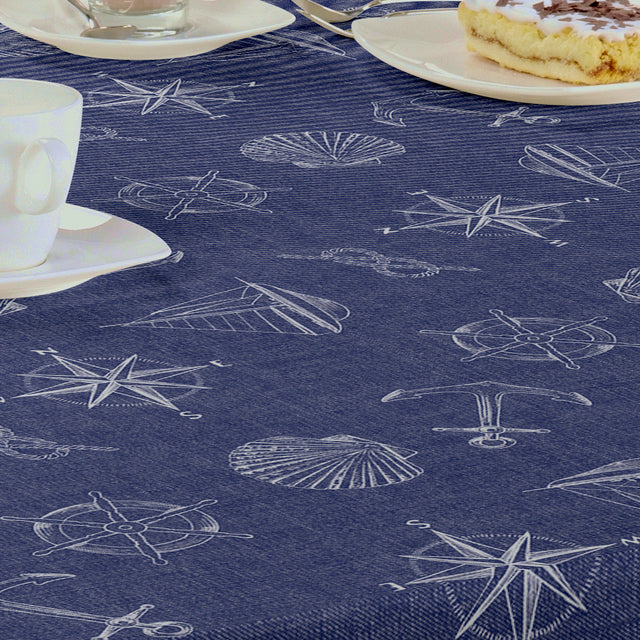 Nordfavn Captain - blaue Wachstuch Tischdecke mit maritimen Motiven, Details