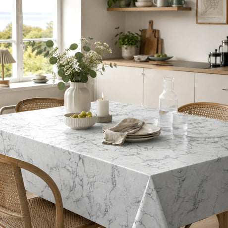 Nordfavn Carrara Weiß-Grau – glatte Wachstuch Tischdecke in Marmoroptik, Küchenumgebung