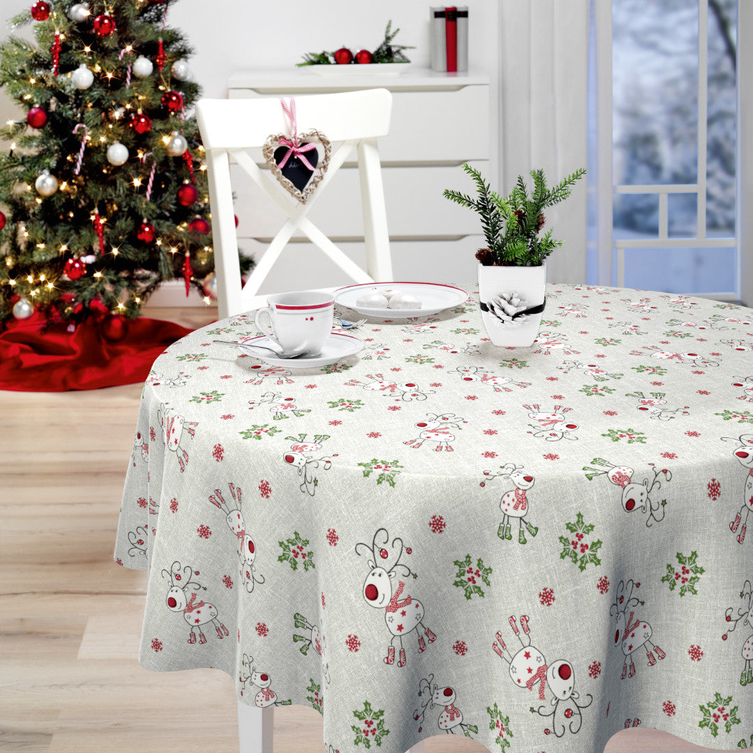 Nordfavn Ciervos Navidad – Runde Wachstuch Tischdecke für Weihnachten mit süßen Rentieren