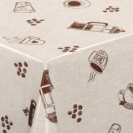 Nordfavn Coffee Time Beige – Wachstuch Tischdecke mit gemütlichem Kaffeemotiv, Ecke