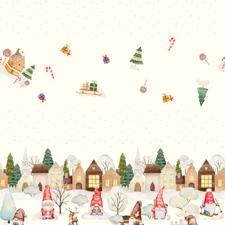 Nordfavn Elf – abwaschbare Weihnachtstischdecke mit Winterdorf und Wichteln, Muster