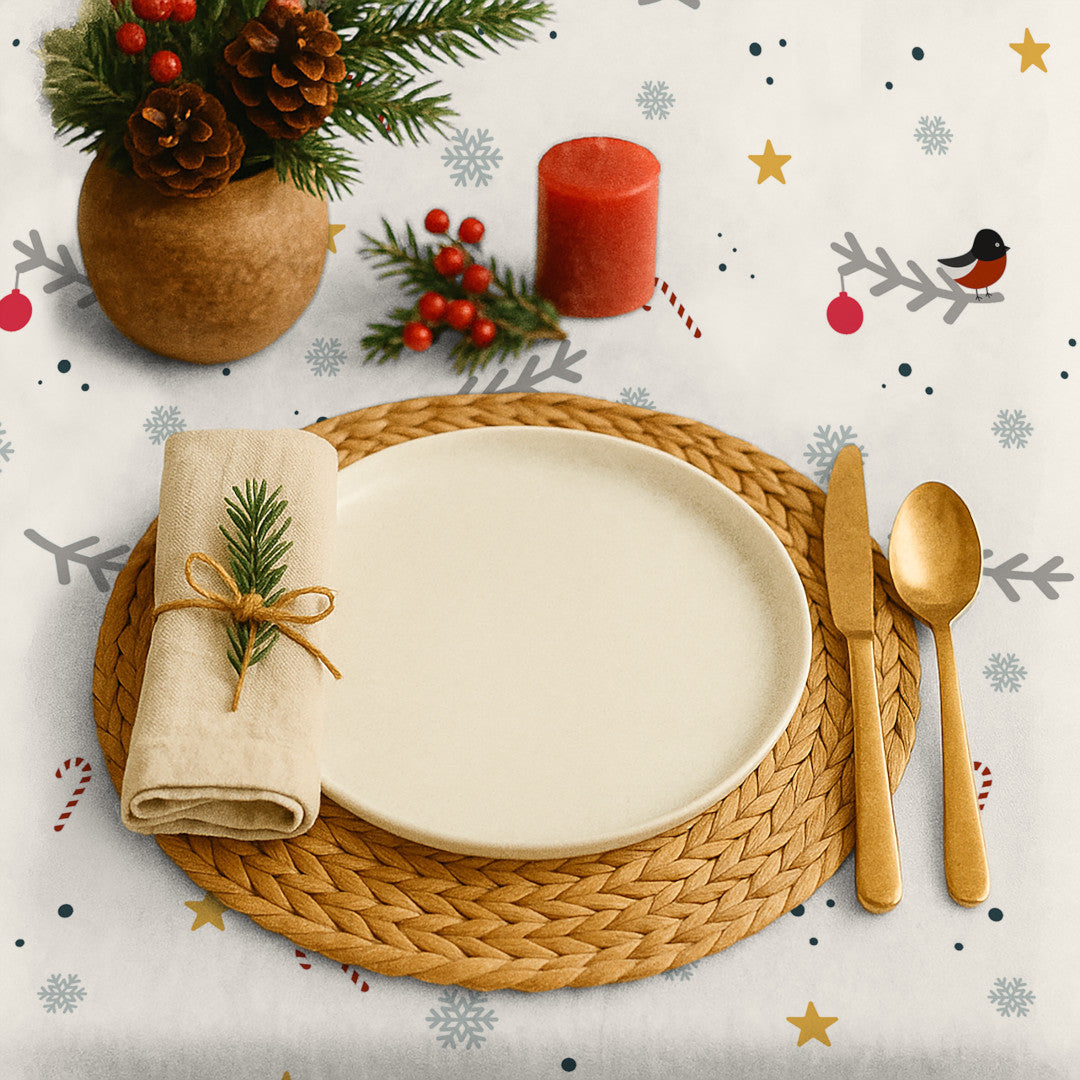 Nordfavn Eve – Abwaschbare Weihnachtstischdecke mit kleinen Vögeln und Zweigen, Nahaufnahme, Tischdekoration
