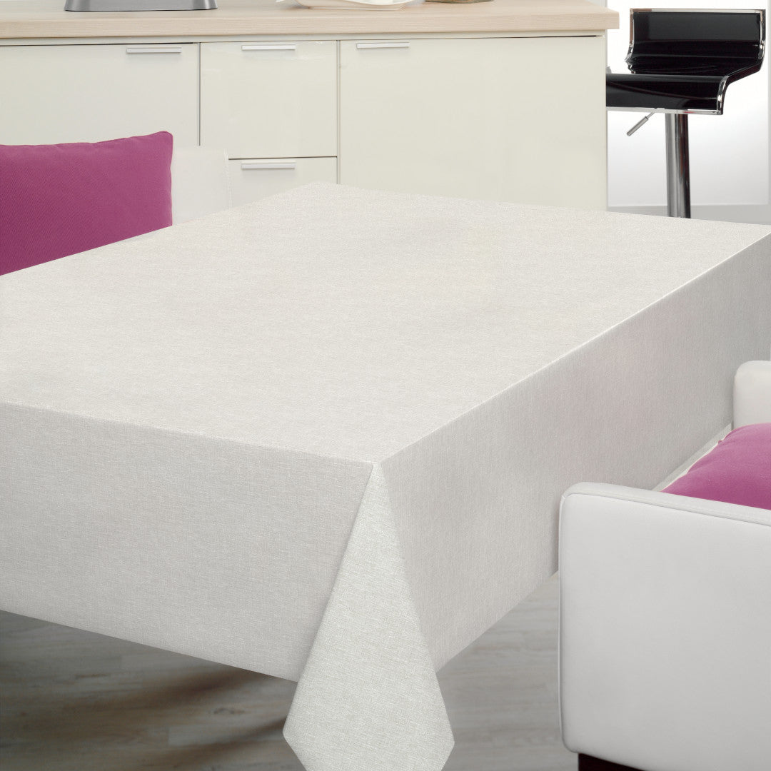 Nordfavn Fine Texture Snow – Leicht geprägte runde Wachstuch-Tischdecke mit feiner Leinenoptik