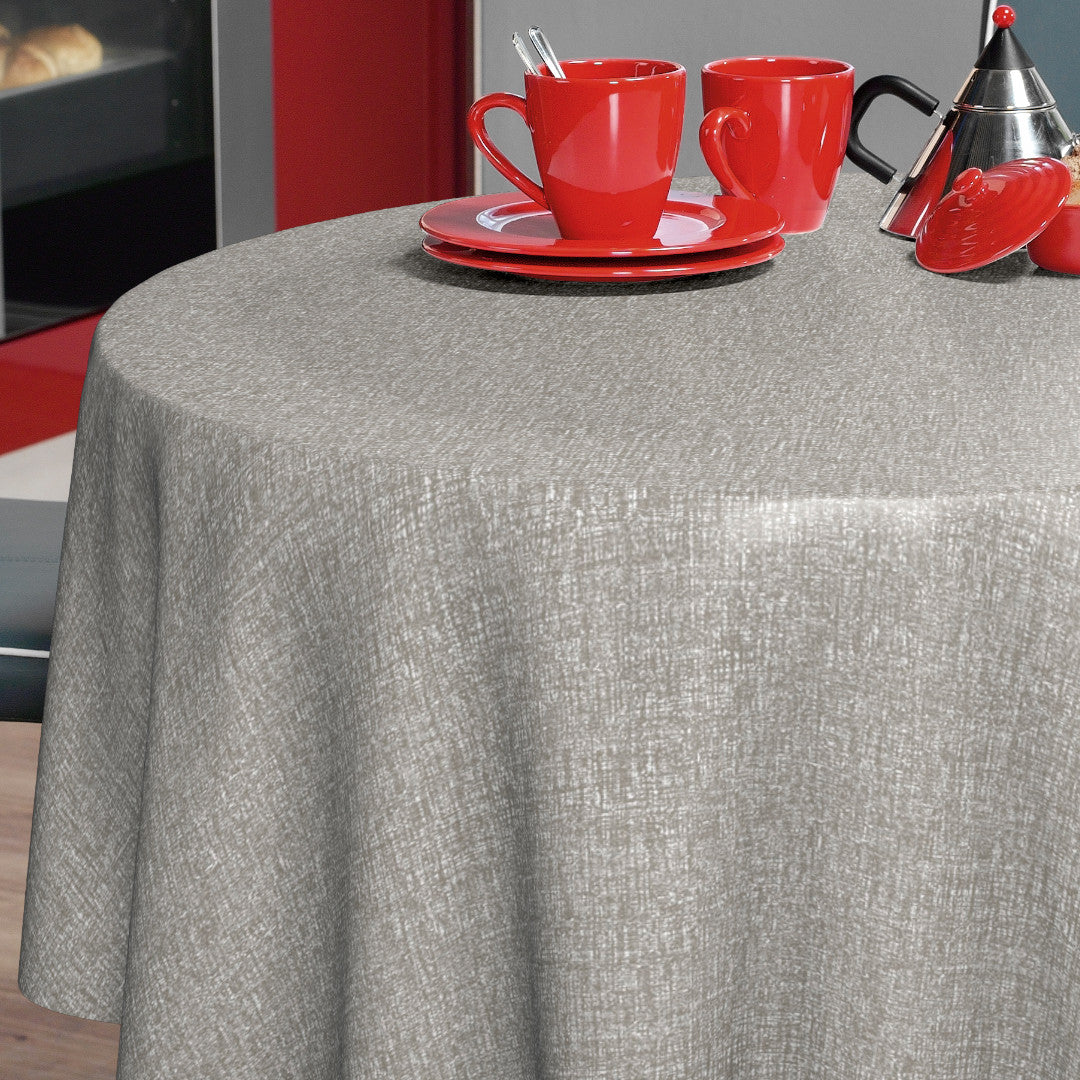 Nordfavn Fine Weave Stone – Geprägte runde Wachstuch-Tischdecke mit dezenter Textiloptik