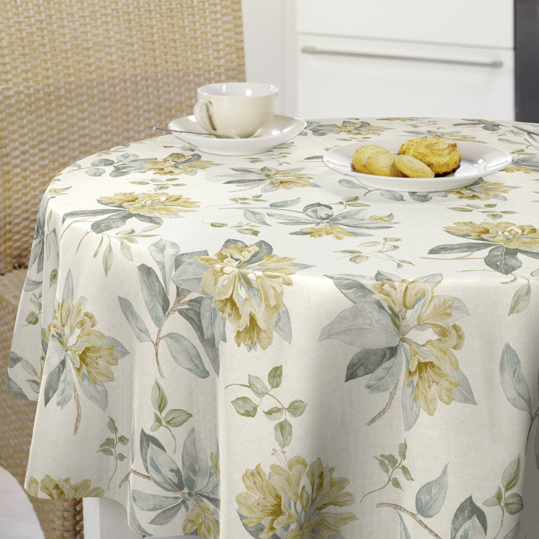 Nordfavn Fruehling Gelb - Runde Wachstuch Tischdecke mit elegantem Blumenprint