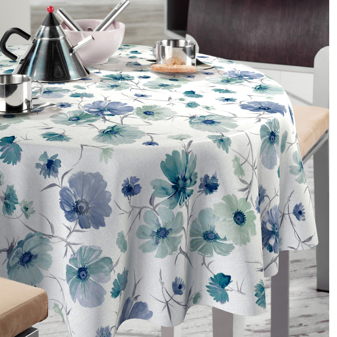 Nordfavn Gerbera Blau – Runde Wachstuch Tischdecke mit Blumenprint in Blautönen
