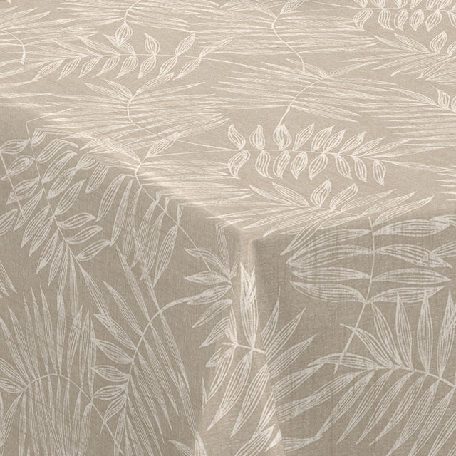Nordfavn Hojas Beige – Wachstuch Tischdecke mit hellem Blattmuster in Leinenoptik, Ecke