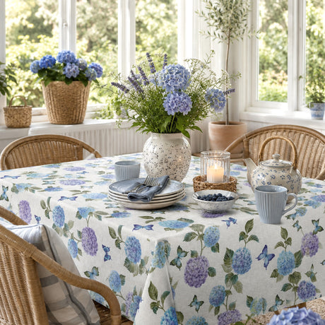 Nordfavn Hortensia Have Blau – Wachstuch Tischdecke mit Schmetterlingen, Wintergarten