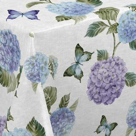 Nordfavn Hortensia Have Blau – Wachstuch Tischdecke mit Schmetterlingen, Ecke