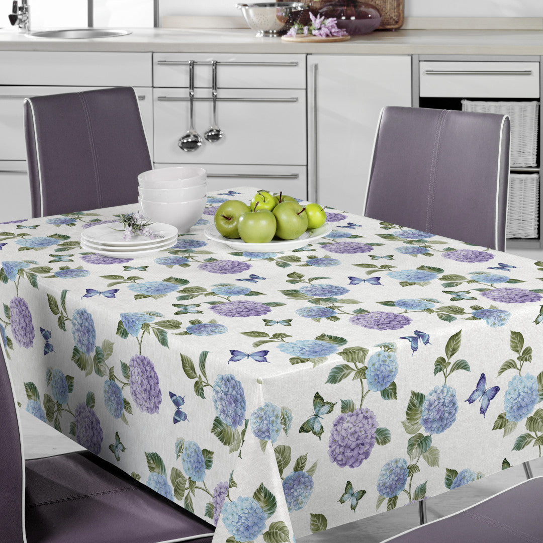 Nordfavn Hortensia Have Blau – Wachstuch Tischdecke mit Schmetterlingen, Küchenambiente