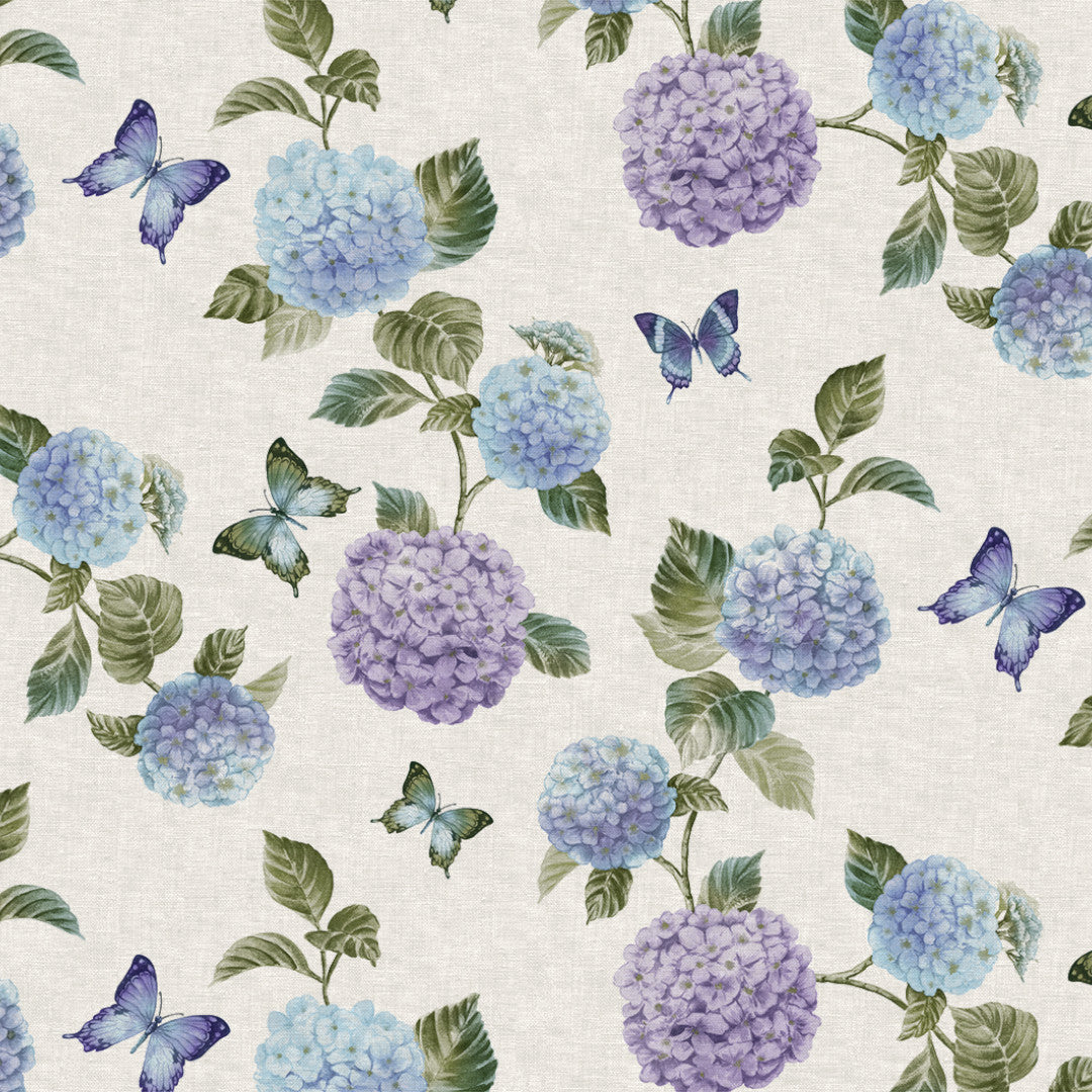 Nordfavn Hortensia Have Blau – Wachstuch Tischdecke mit Schmetterlingen, Muster