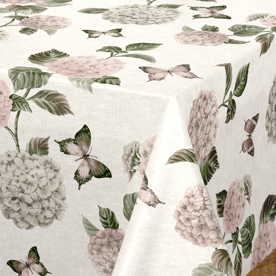 Nordfavn Hortensia Have - Wachstuch Tischdecke mit Schmetterlingen, Ecke