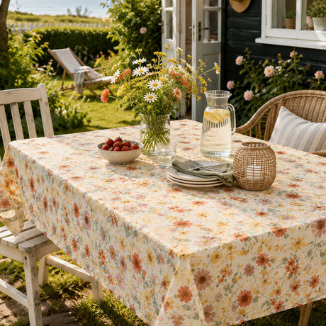 Nordfavn Juliana Eng – Geprägte Wachstuch Tischdecke in Leinenoptik, Sommerhausstimmung