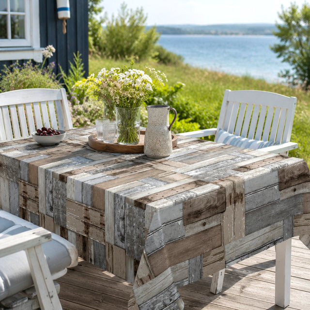 Nordfavn Patchwood – Glatte Wachstuch Tischdecke in rustikaler Holzoptik, Sommerhausstimmung