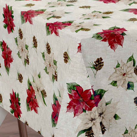 Nordfavn Poinsettia – Wachstuch Tischdecke für Weihnachten in Leinenoptik mit Weihnachtssternen