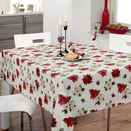 Nordfavn Poinsettia – Wachstuch Tischdecke für Weihnachten in Leinenoptik mit Weihnachtssternen, Ambiente