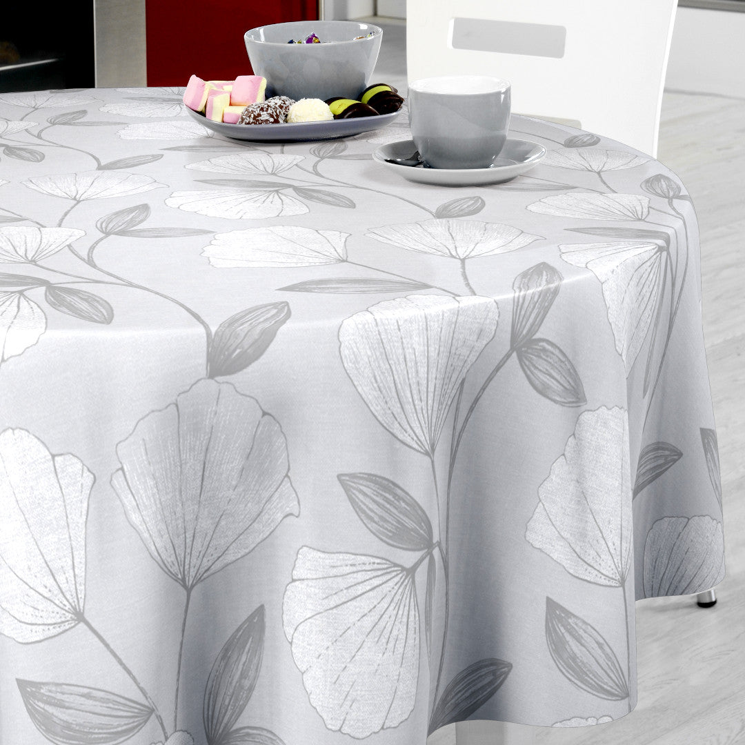 Nordfavn Shell Grau Silber – Runde Wachstuch Tischdecke mit elegantem Blattmuster