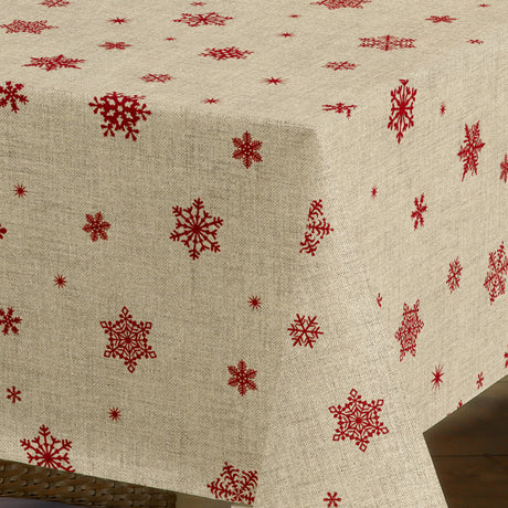 Nordfavn Snowflakes – Wachstuch Tischdecke für Weihnachten mit roten Schneeflocken und Eiskristallen