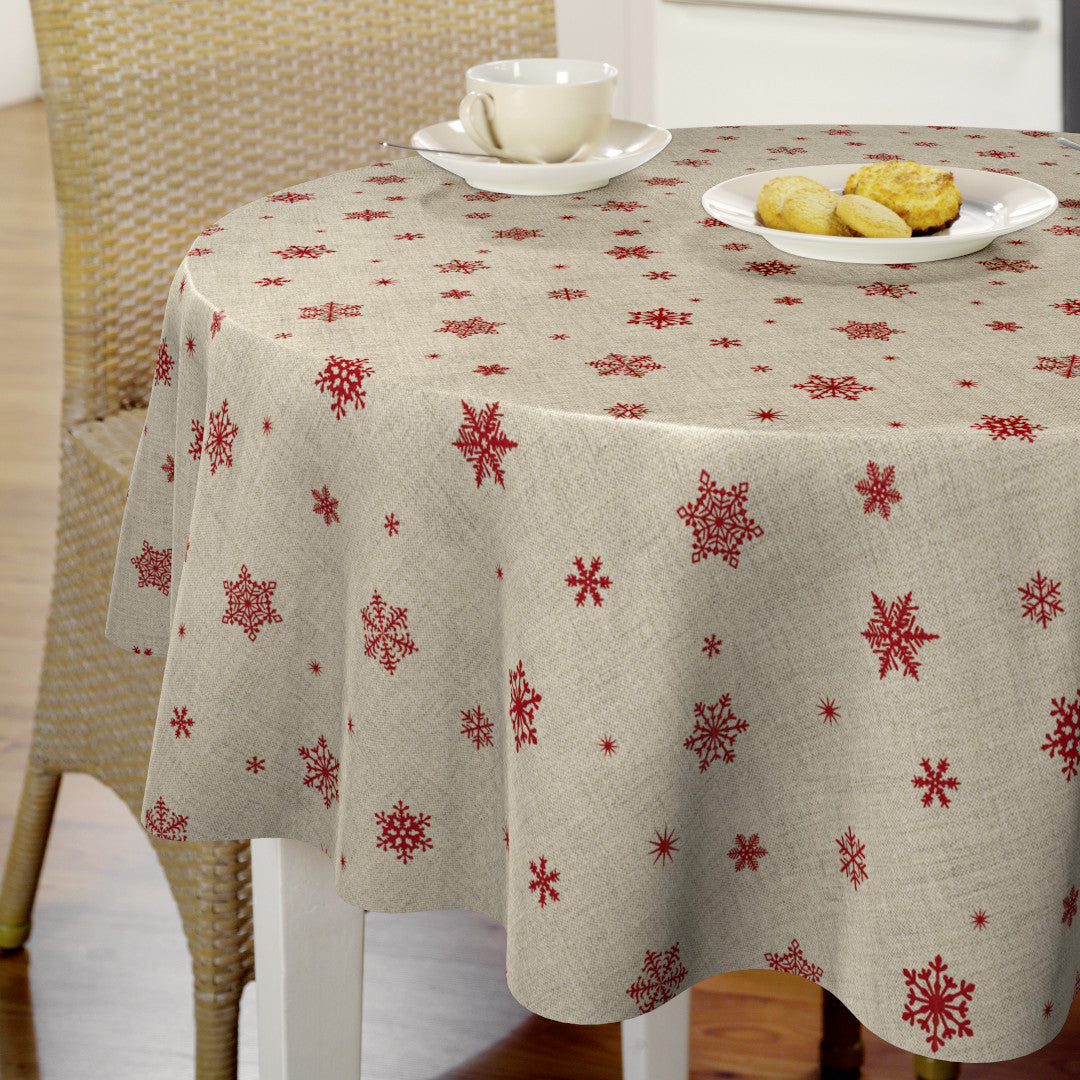 Nordfavn Snowflakes – Runde Wachstuch Tischdecke für Weihnachten mit roten Schneeflocken und Eiskristallen