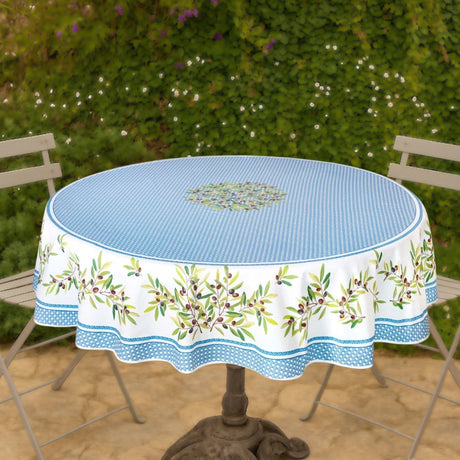 Nyons Blau - Runde acrylbeschichtete Provence-Tischdecke Ø 180, Ambienteaufnahme
