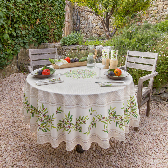 Nyons Ecru - Runde acrylbeschichtete Provence-Tischdecke Ø 180 cm, Gartenambiente
