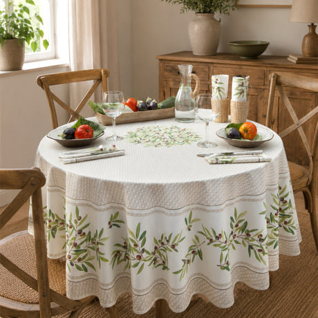 Nyons Ecru - Runde acrylbeschichtete Provence-Tischdecke Ø 180 cm, Wohnambiente