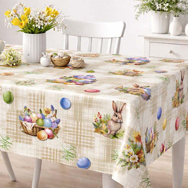 Osterkorb – Wachstuch Tischdecke für Ostern mit Hasen und Eierkörben